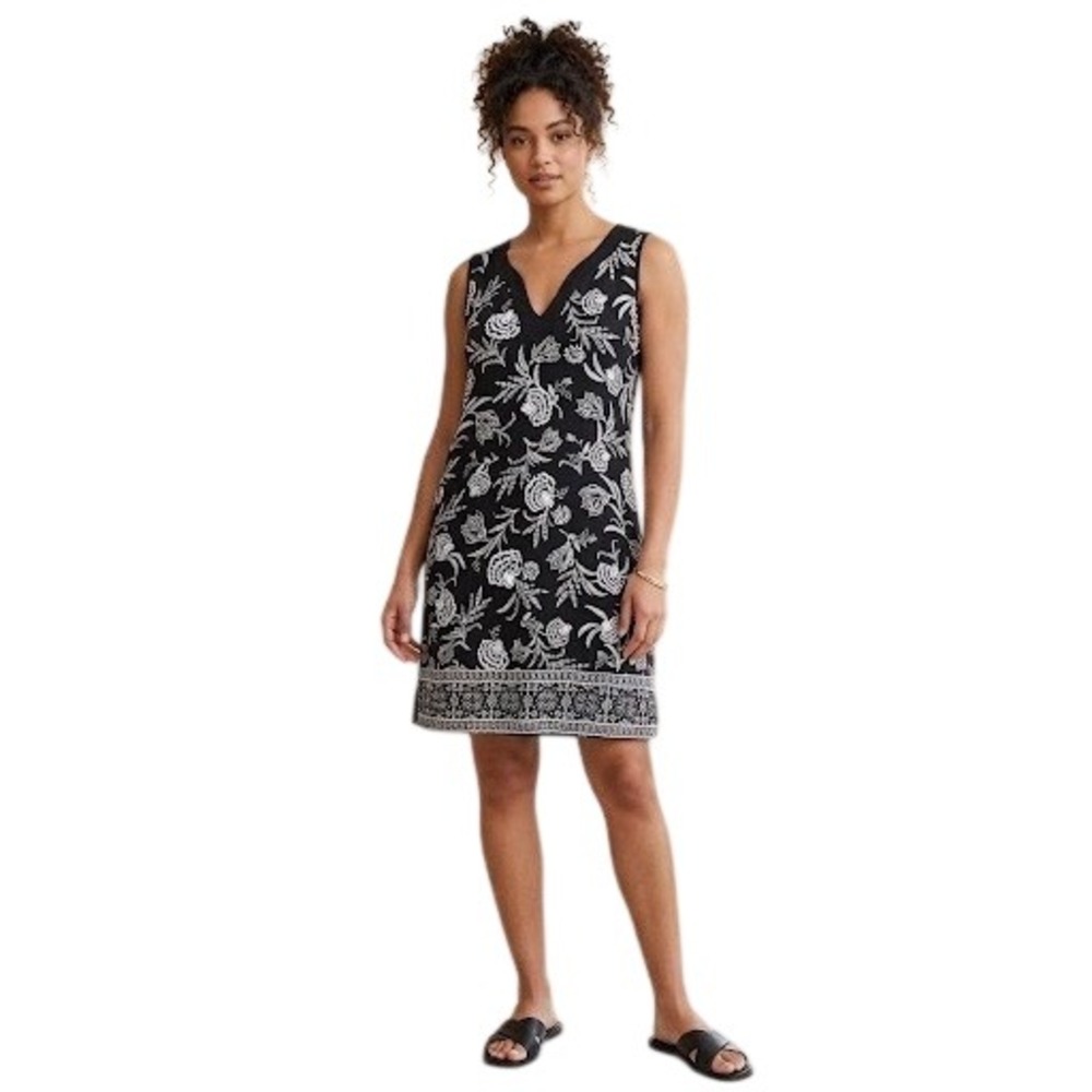 Lands End Womens Black White Floral Cotton V-Neck Sleeveless Shift Dress Large